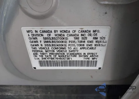 2006 Honda Pilot Ex-L from USA, damaged, VIN 2HKYF18676H505738